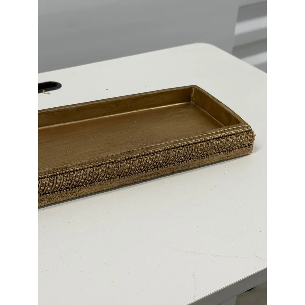 Antique Gold Rectangular Vanity Tray Beaded Texture Decorative Jewelry Dish